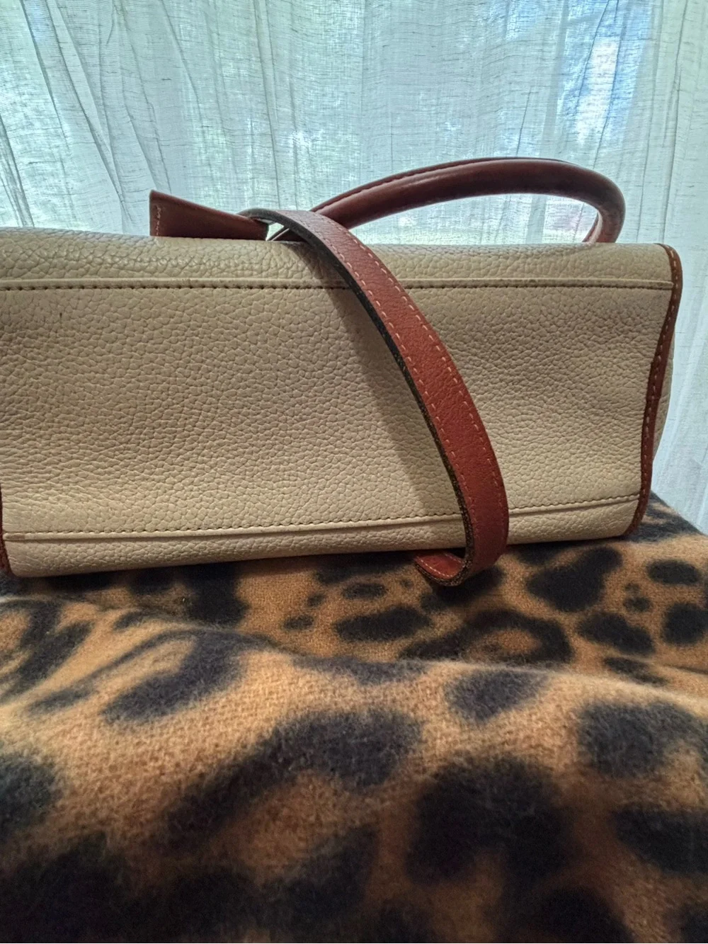 Vintage Liz Claiborne Leather Top-Handle Bag Cream and Brown & shoulder strap